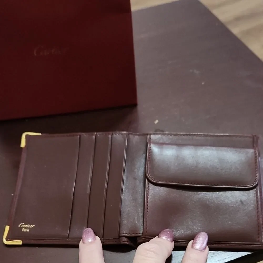 Cartier Dark Brown Leather Wallet with Gold Corners